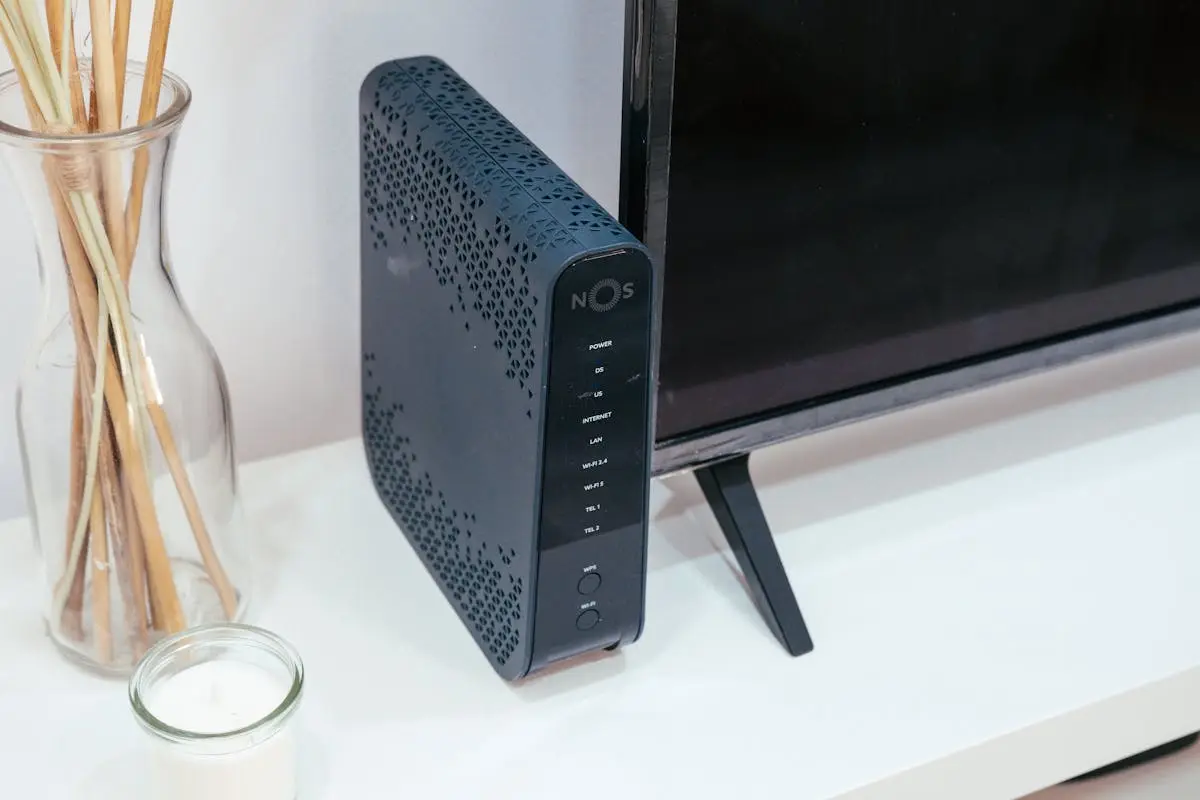 Router WiFi rumah dengan perangkat teknologi modern di meja